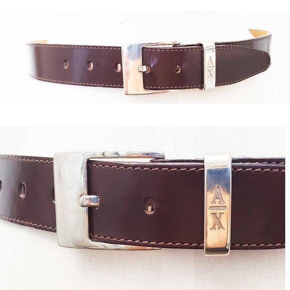 Armani Exchange Womens VTG Chestnut Brown Leather Belt Silver Logo Buckle M NWT - Picture 1 of 6